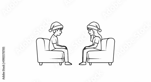 Two somber figures in Santa hats sit apart on sofas, looking down