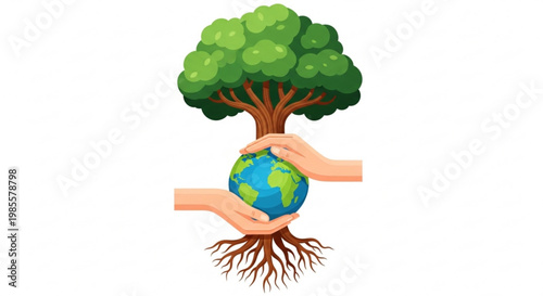 Hands cradling planet Earth beneath a flourishing tree with roots symbolizing environmental protection and growth flat vector illustration for eco-friendly concepts