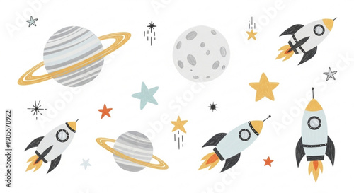Collection of cartoon space elements including planets rockets and stars perfect for childrens illustrations and educational materials