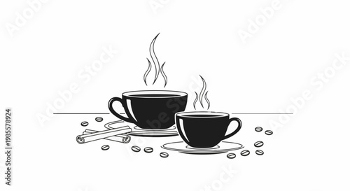Two steaming coffee cups with cinnamon sticks and coffee beans
