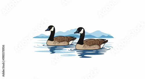 Two geese float serenely on a calm lake with distant blue mountains