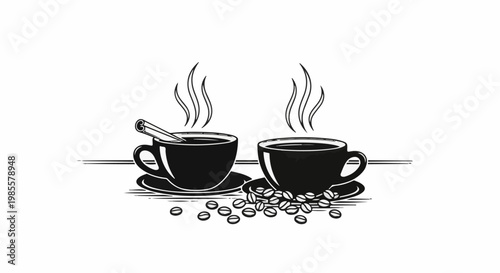 Two steaming cups of coffee with cinnamon and scattered beans