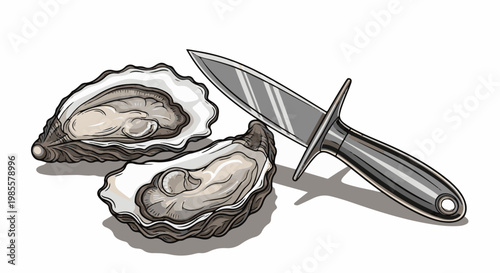 Two opened oysters and a silver knife are artfully arranged