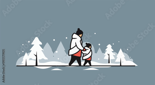 Two figures walk hand-in-hand through a snowy forest landscape