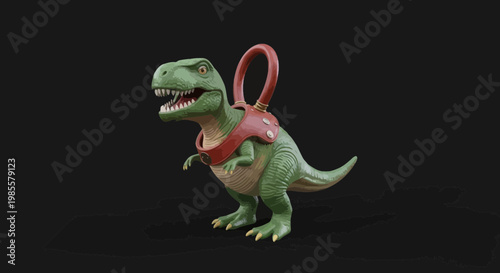 Cartoonish green T-Rex dinosaur toy with red saddle standing against a solid black backdrop; a whimsical imaginative design