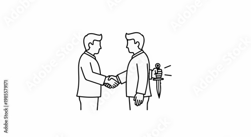 Two men shake hands while one hides a knife behind his back