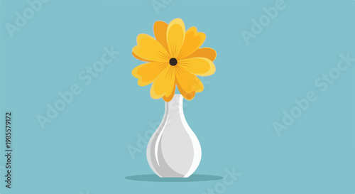 Yellow flower in a white vase against a blue background