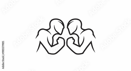 Two stylized figures arm wrestling, depicting strength and competition
