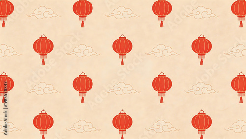 Traditional Asian Red Lantern and Cloud Motif on Vintage Paper Background Generative AI
