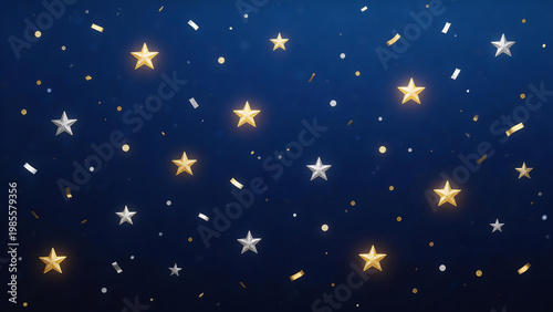 Festive Dark Blue Background with 3D Gold and Silver Stars Confetti Generative AI