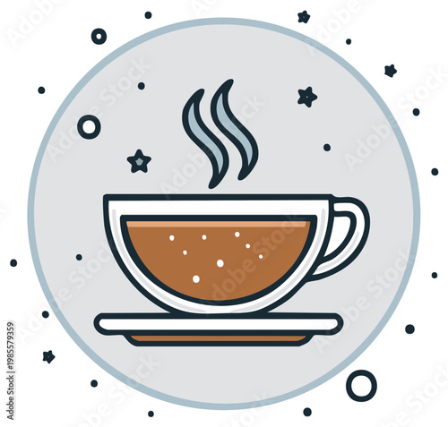 Cozy stylized steaming hot coffee or cocoa drink in a cup with saucer and decorative elements
