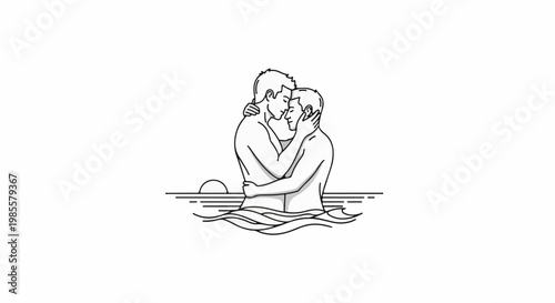 Two men embracing in water at sunset, in a minimalist line art style