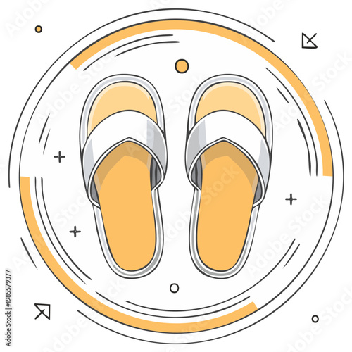 Illustrated pair of yellow and white flipflops in a decorative circular frame