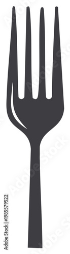 Stylized dark grey fork illustration, isolated dining utensil. Simple flat graphic of eating tool, kitchenware symbol for food or restaurant.