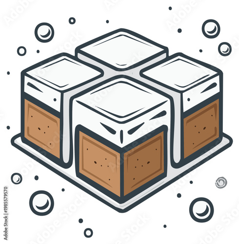 Four frosted square cake pieces arranged in a grid with decorative bubbles