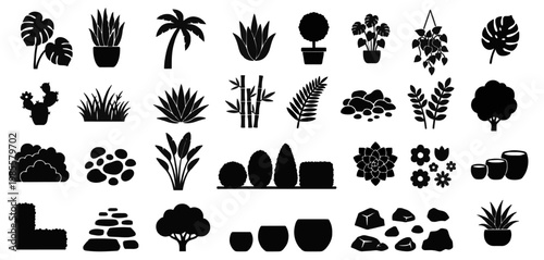 Vector black silhouette icon set of garden plants, indoor houseplants, and flower pots for landscape design.