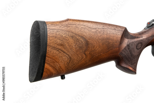 Принти на полотні Detailed view of a wooden rifle buttstock with a rubber recoil pad isolated on a