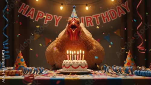 Festive fowl celebration: A jubilant chicken rings in its birthday with cake and fanfare