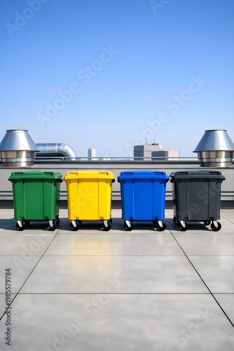 Color-coded wheeled waste bins for recycling on rooftop terrace with cityscape background, symbolizing urban sustainability, waste segregation, and environmental responsibility