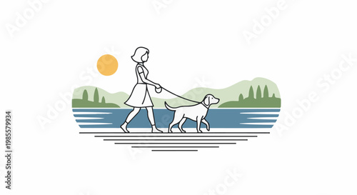 Woman walks her dog by a serene lake under a warm sun and gentle hills