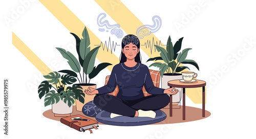 A serene woman meditates in the lotus position on a cushion surrounded by potted plants and a small table with a teacup, illustrated in a flat vector style against a bright white background