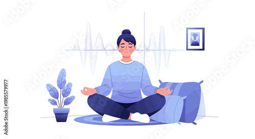 A woman meditates in a lotus position on a round rug in a brightly lit room, with a potted plant and pillows surrounding her, rendered in a clean vector style with a calm, soothing mood