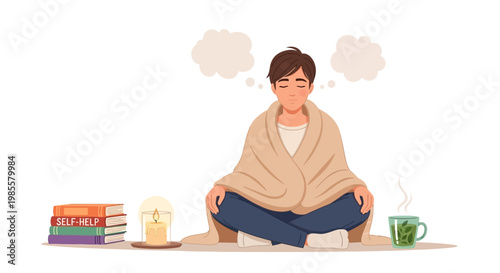 Illustration of a serene young person meditating in a lotus position wrapped in a blanket with thought bubbles above their head, depicted in a flat style against a white background