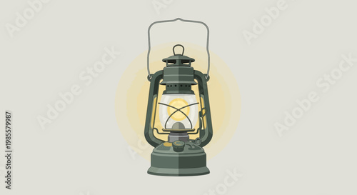 Classic green kerosene lantern illuminating with warm light vintage oil lamp illustration old fashioned camping equipment vector drawing