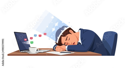 A vector illustration shows a tired businessman asleep at his desk with stars above his head, a laptop displaying message icons, and a coffee cup, set against a bright office background