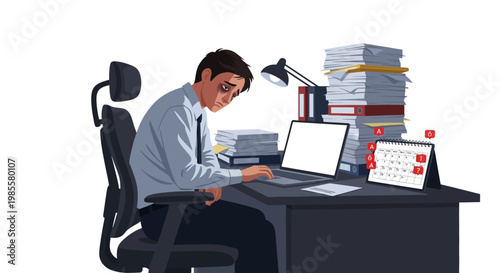 An overworked businessman sits slumped at his desk with a laptop and towering stacks of files, depicted in a flat vector illustration with desaturated colors conveying stress and exhaustion