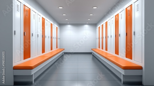 Modern Locker Room Interior with Sleek Design, Bright Lighting, and Stylish Orange Accents Perfect for Sports Facilities, Gyms, Schools, and Wellness Centers