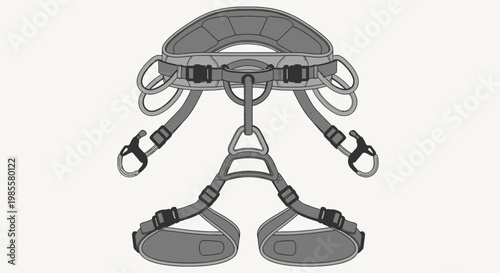 Climbing harness with gear loops and adjustable straps for safe ascent technical illustration in grayscale for outdoor adventure equipment