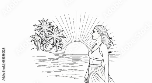 Woman watching a tropical sunset over the ocean with palm trees