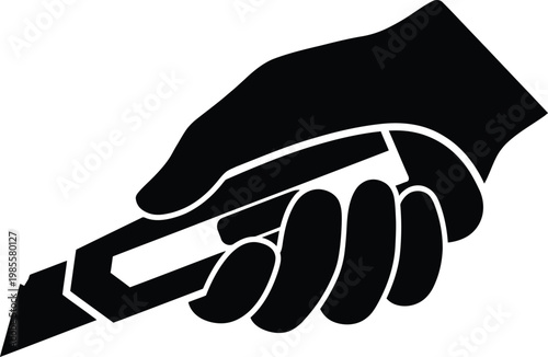 Hand holding a utility knife silhouette with sharp blade, manual cutting tool vector isolated against transparent background.