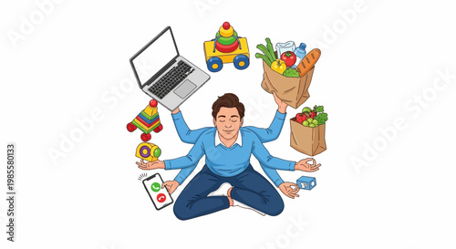 A multitasking man in a yoga pose is depicted in a vector illustration with a flat style, holding a laptop, groceries, toys, and a phone against a clean white background