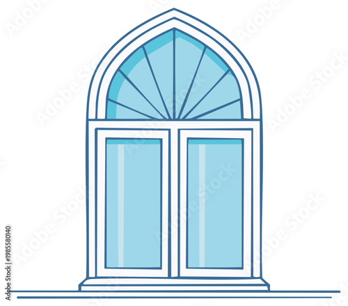 Elegant Arched Window Illustration with Decorative Fanlight and Light Blue Glass Panes