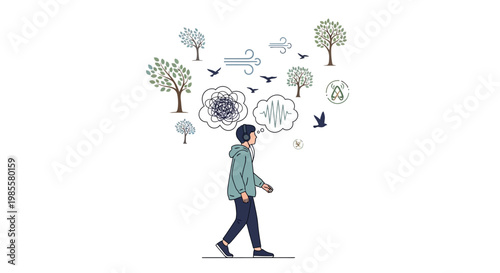 A person walks with various thought bubbles, trees, and birds floating above against a clean white background, depicted in a flat vector illustration with a calming and introspective mood