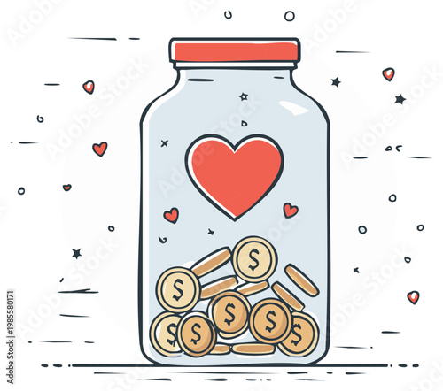 Donation Jar with Red Heart and Dollar Coins Illustrating Charity and Savings