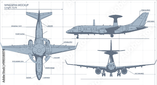Aircraft wingspan mockup blueprint illustration showcasing plane design with antenna array and engine nacelles in side view and top view