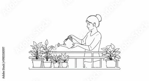 Woman watering potted plants on a balcony railing