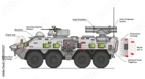 Armored fighting vehicle with active protection system and missile defense technical illustration with labeled components and trajectory mapping