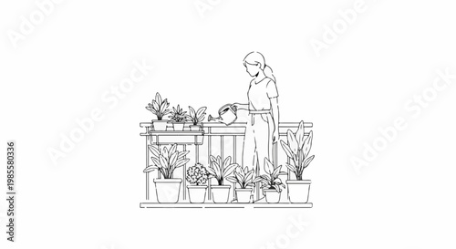 Woman watering potted plants on a balcony