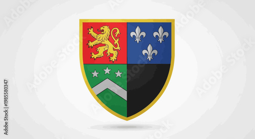 Coat of arms shield divided quarterly featuring fleur de lis lion rampant and chevron with stars; heraldic emblem illustration