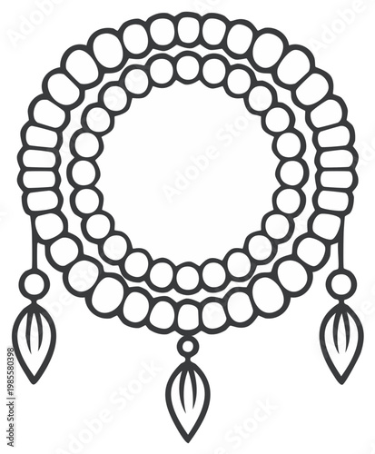 Circular Islamic prayer beads or rosary illustration with dangling tassel charms