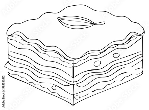Baklava Slice Pastry Dessert Line Art Illustration with Leaf Topping for Coloring Pages or Graphics