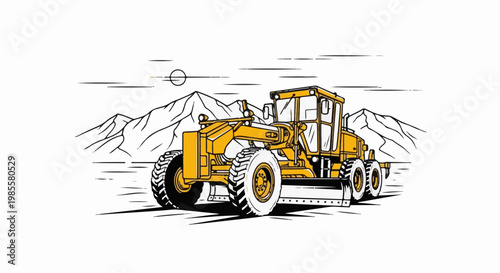 Yellow motor grader working on rough terrain with mountains