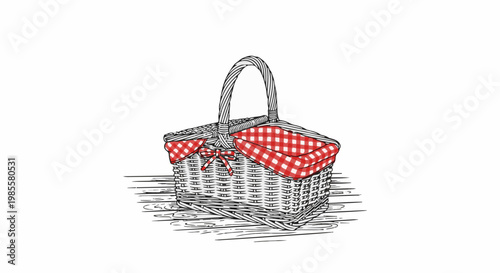 Woven picnic basket with red checkered lining and bow
