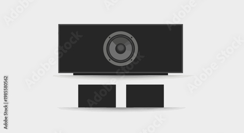 Black center channel speaker with two compact subwoofers vector illustration; audio equipment design for home theater system