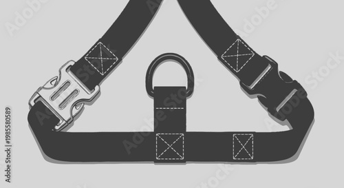 Black nylon dog harness with metal ring and plastic buckles featuring white stitching details on light gray background studio shot