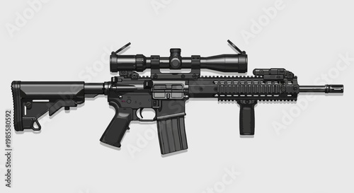 Black pixel art style assault rifle with scope vertical grip and adjustable stock on light gray background for design use